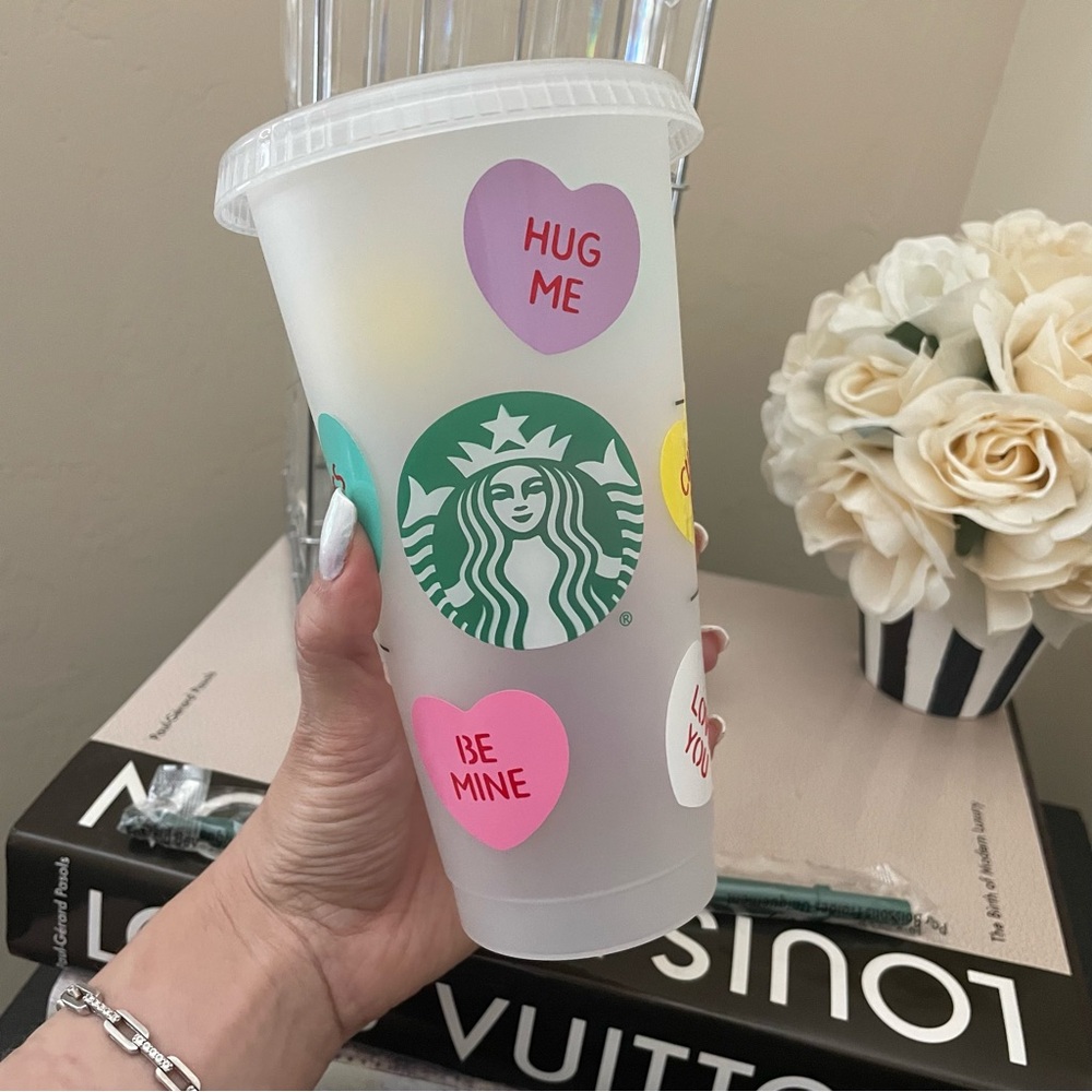 NWOT Customized Conversation Hearts Reusable Starbucks Plastic Venti Cup & Straw